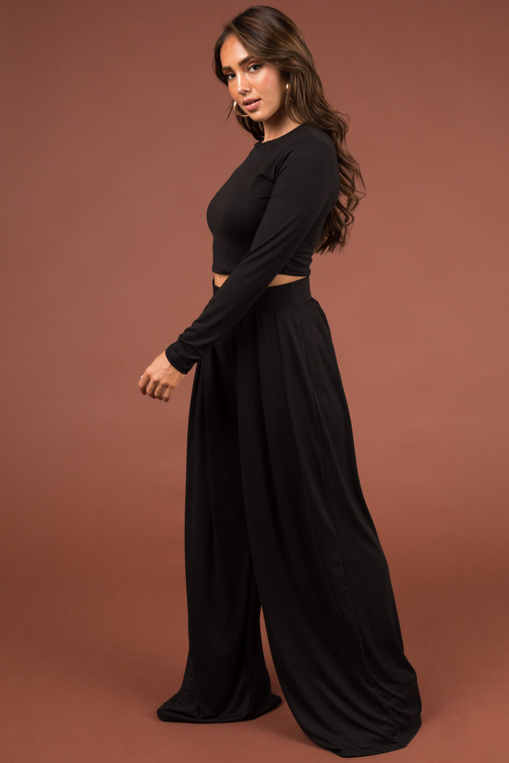 Black Long Sleeve Crop Top and Wide Pants Set