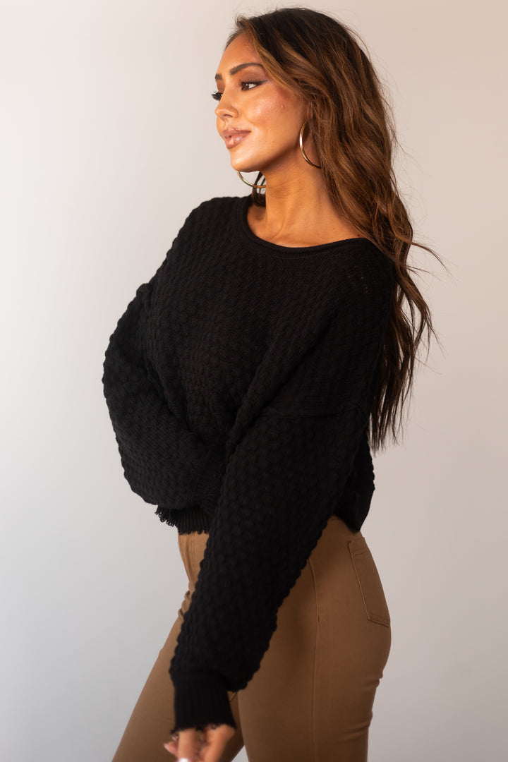 Black Long Sleeve Cropped Textured Sweater