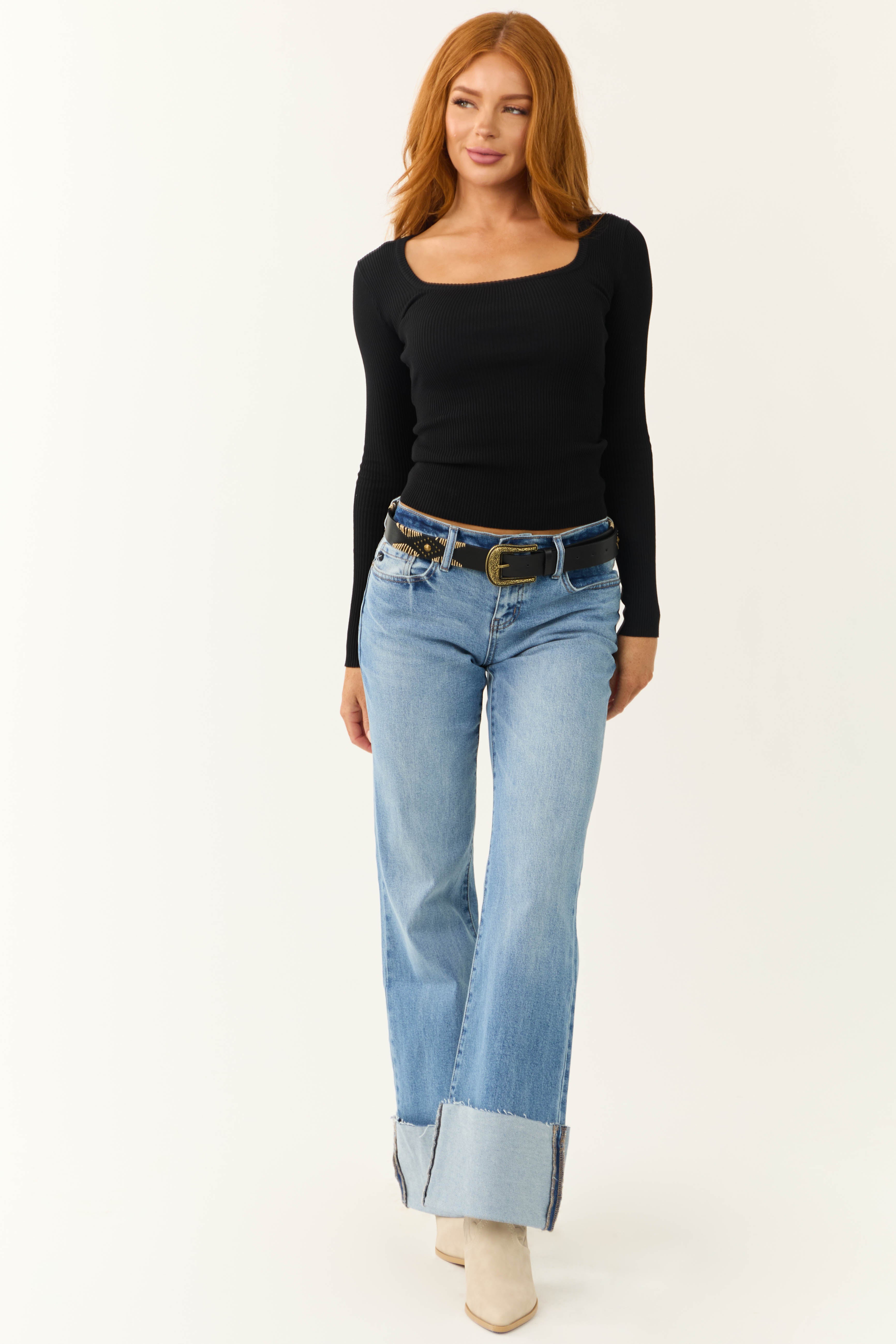 Black Knit Sheer Long Flare Sleeve Top | Lime Lush Boutique