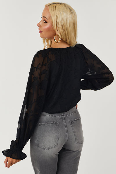 Black Long Sleeve Floral Lace Woven Bodysuit