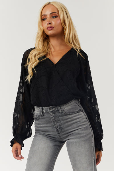 Black Long Sleeve Floral Lace Woven Bodysuit