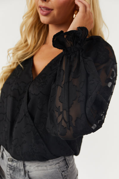 Black Long Sleeve Floral Lace Woven Bodysuit