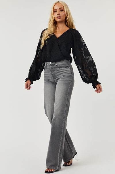 Black Long Sleeve Floral Lace Woven Bodysuit