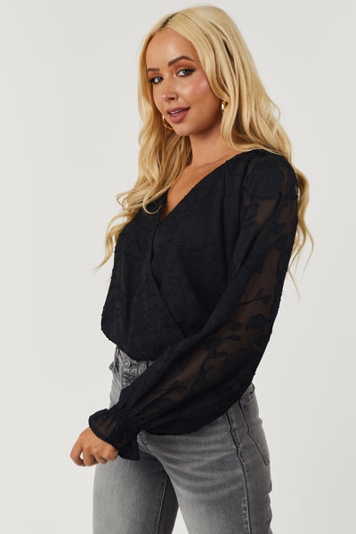 Black Long Sleeve Floral Lace Woven Bodysuit