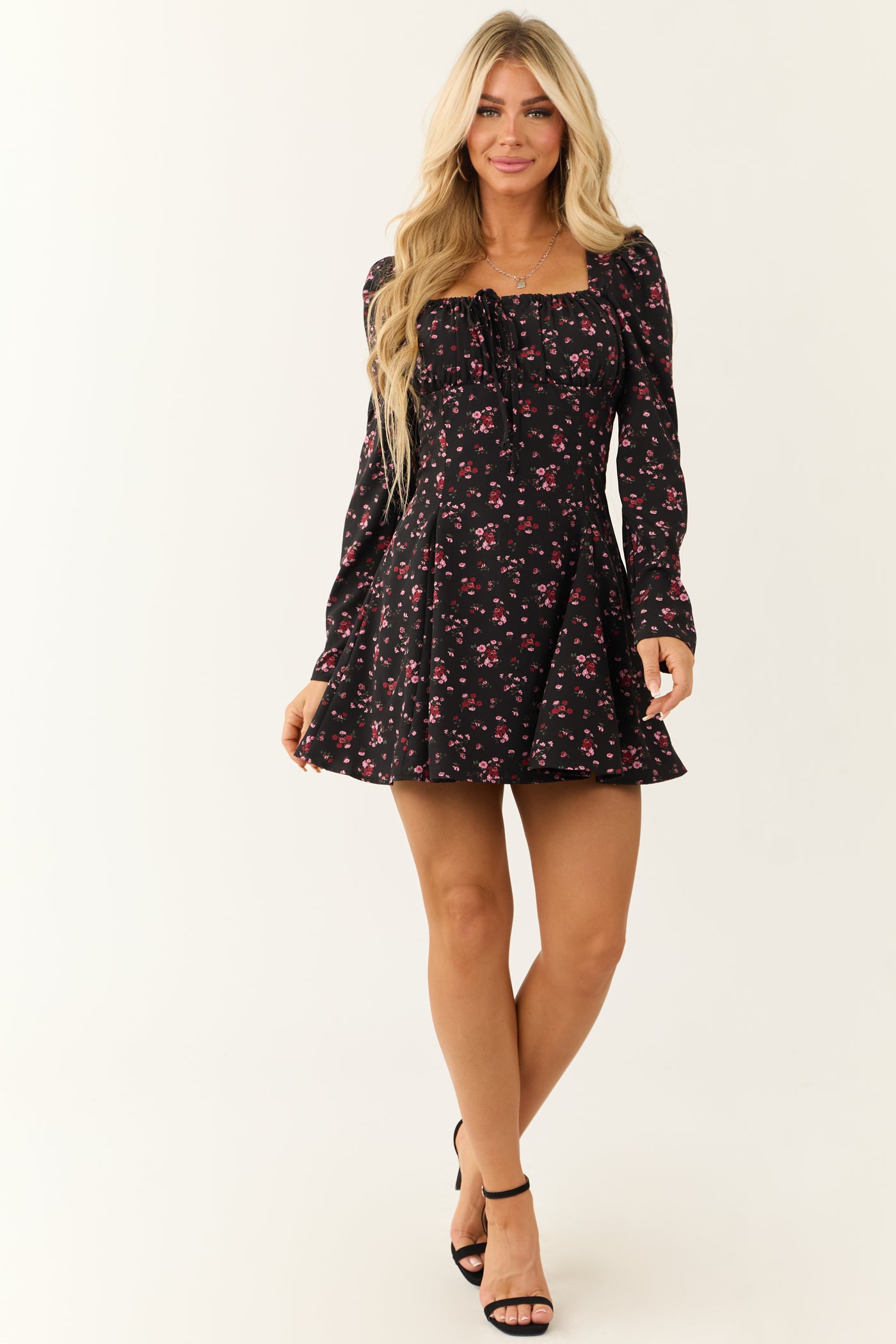 Black Long Sleeve Floral Print Mini Dress Lime Lush Boutique