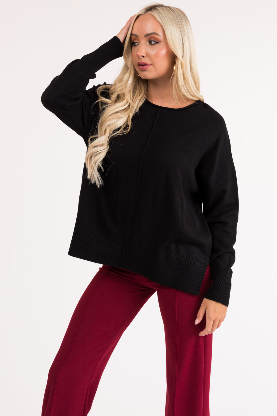 Black Long Sleeve Front Seam Knit Sweater