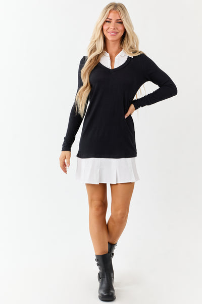 Black Long Sleeve Knit Contrast Layer Short Dress