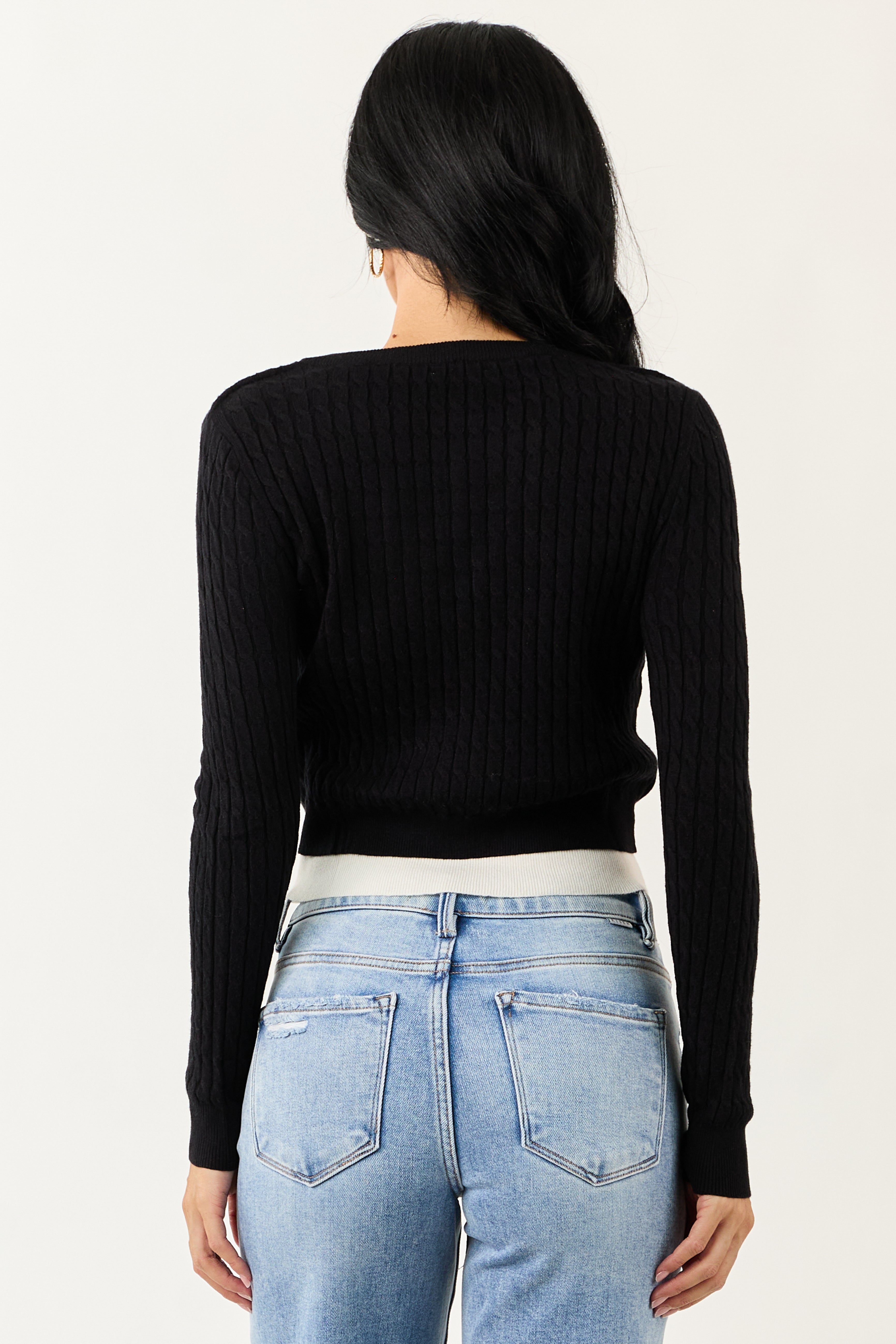 Black Long Sleeve Layered Cable Knit Sweater Top
