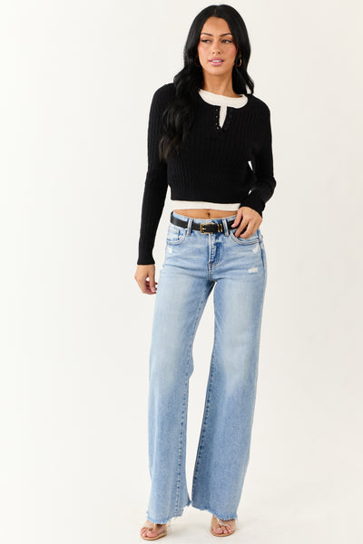 Black Long Sleeve Layered Cable Knit Sweater Top