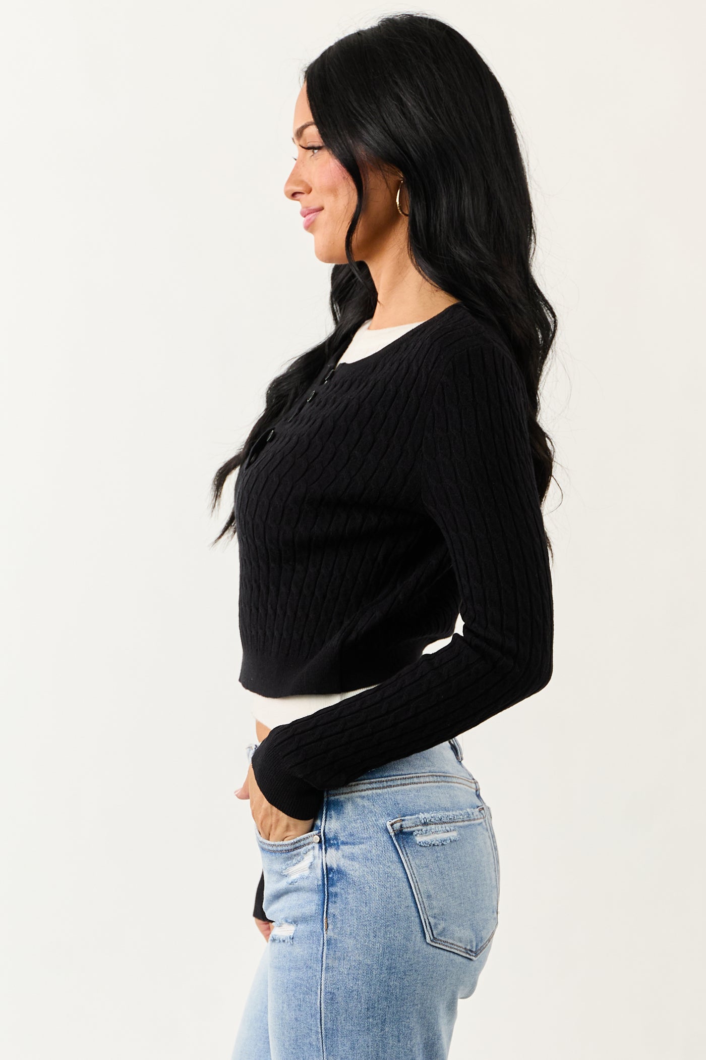 Black Long Sleeve Layered Cable Knit Sweater Top
