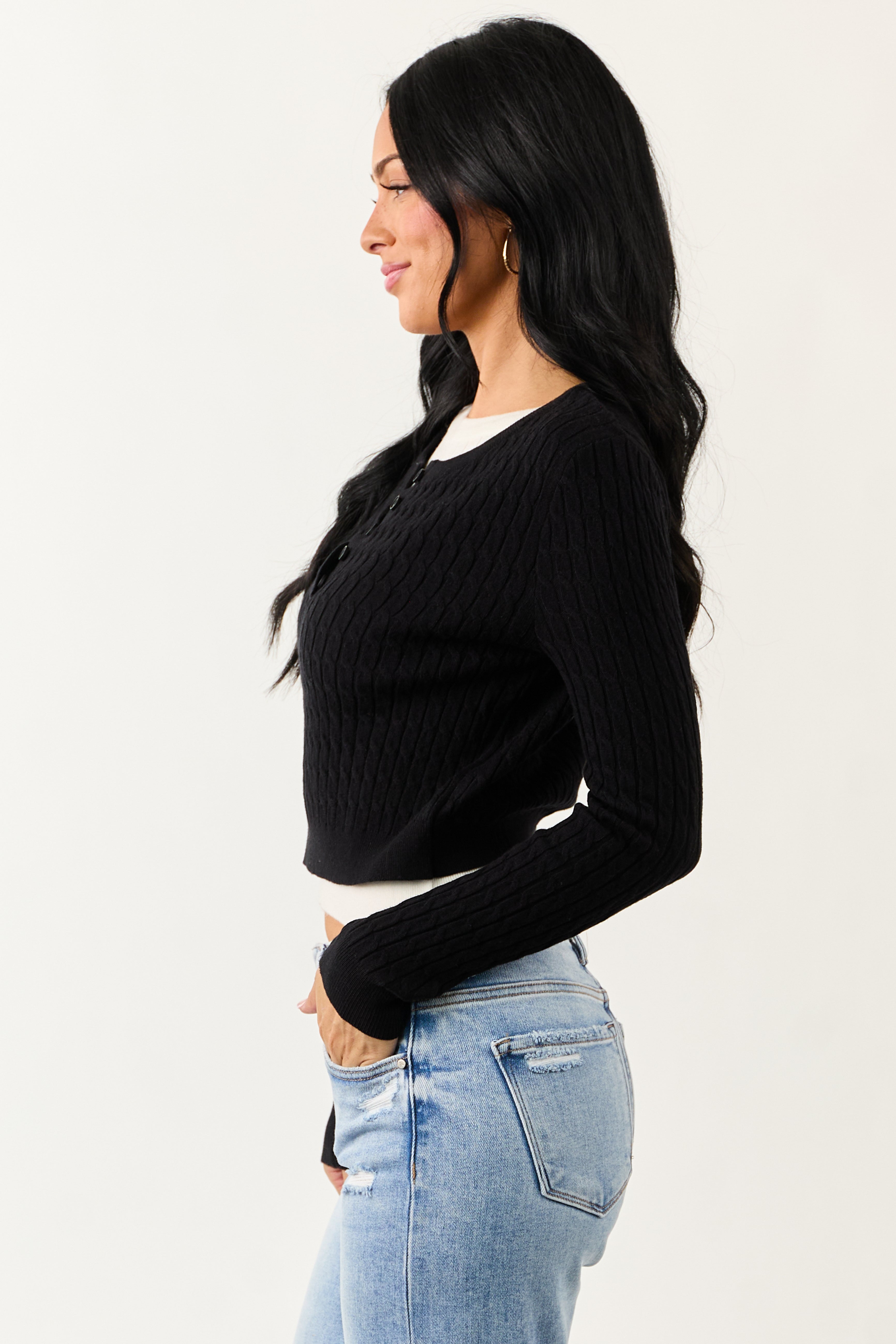 Black Long Sleeve Layered Cable Knit Sweater Top