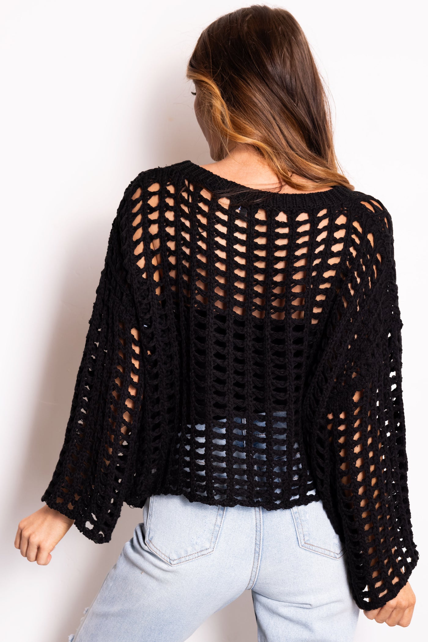 Black Long Sleeve Open Crochet Top