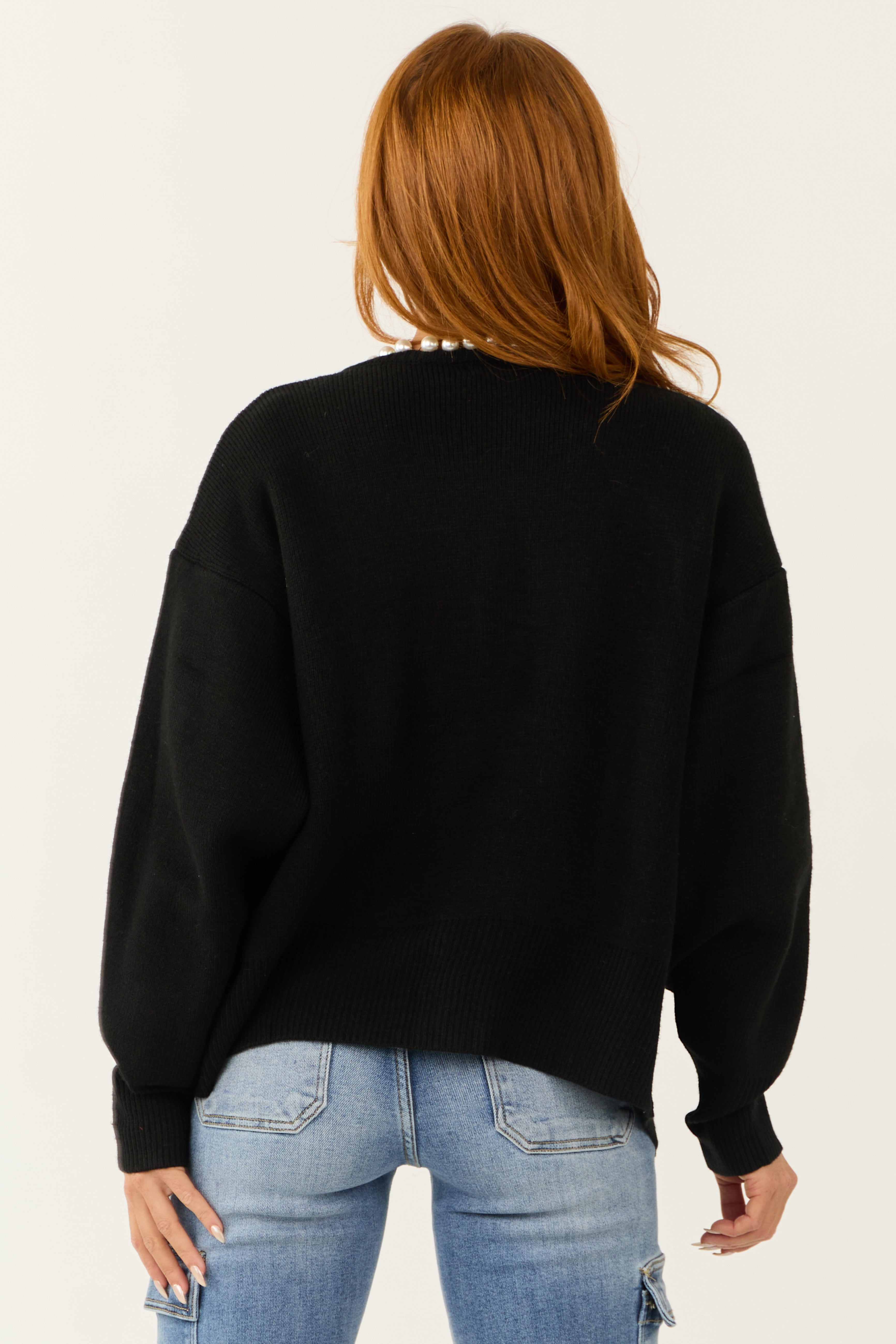 Black Long Sleeve Pearl Trim Open Cardigan | Lime Lush Boutique