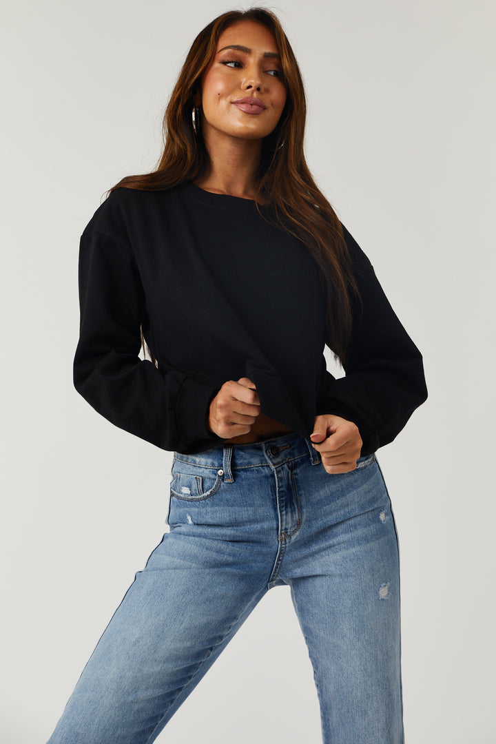 Black Long Sleeve Round Neck Cropped Sweatshirt