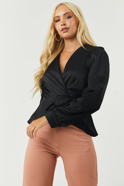 Black Long Sleeve Satin Peplum Wrap Blouse
