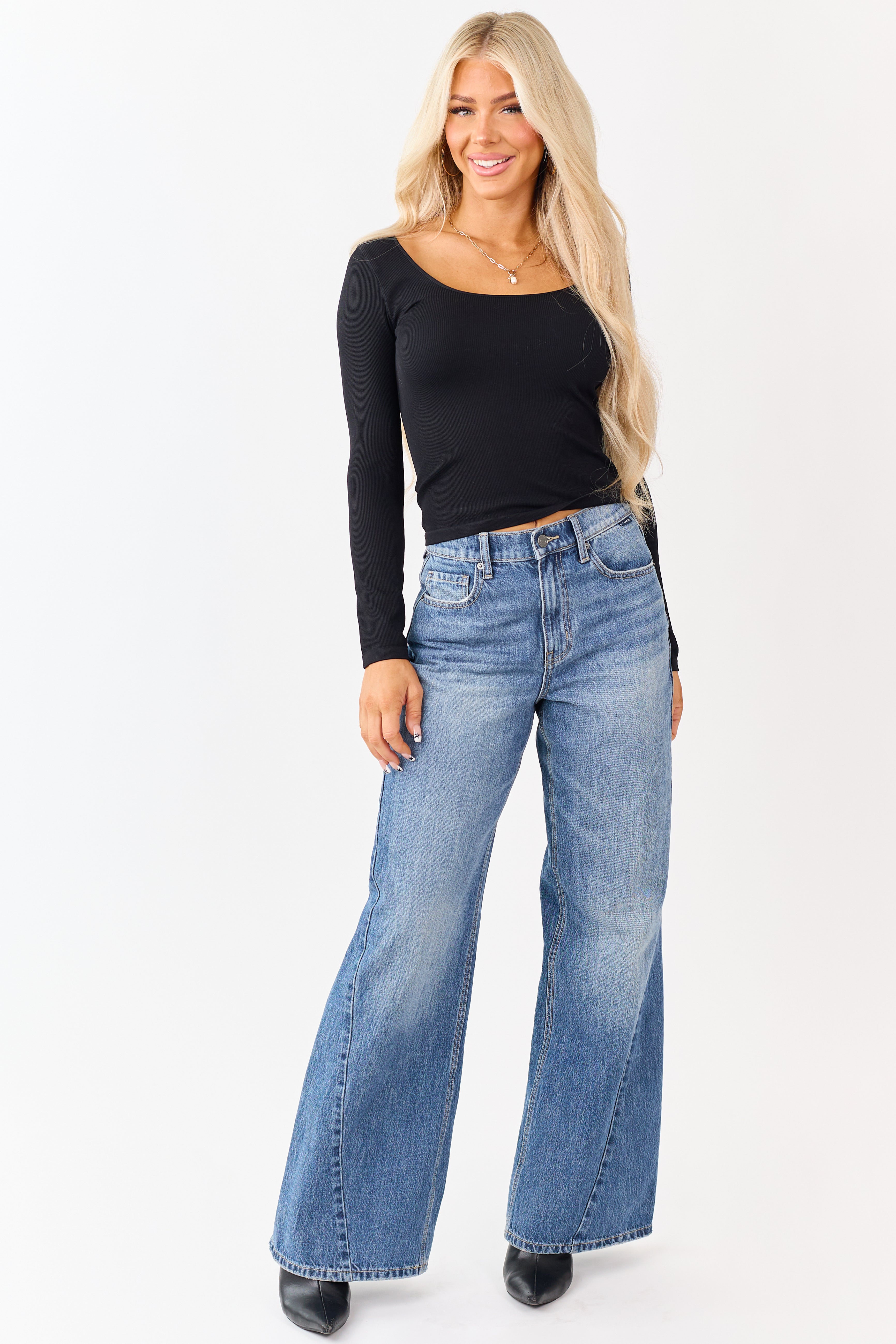 Black Long Sleeve Scoop Neck Ribbed Top