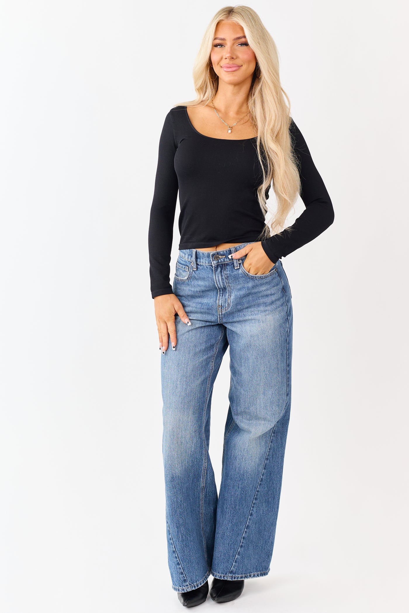 Black Long Sleeve Scoop Neck Ribbed Top