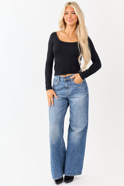 Black Long Sleeve Scoop Neck Ribbed Top