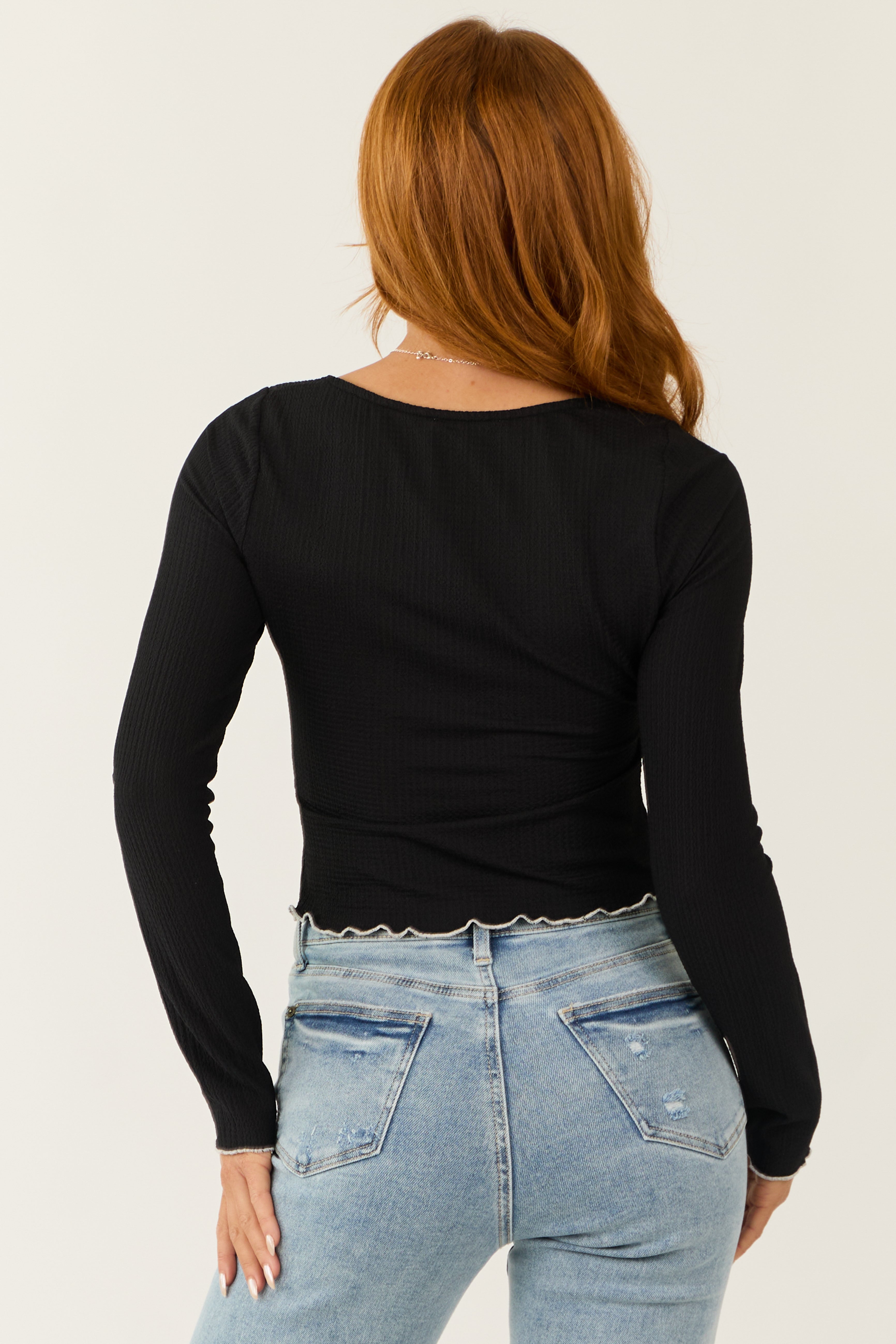 Black Long Sleeve Textured Wavy Knit Top