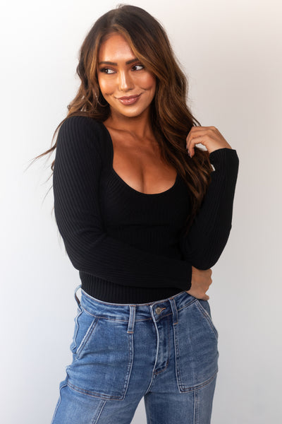 Black Long Sleeve Thick Ribbed Knit Fitted Top