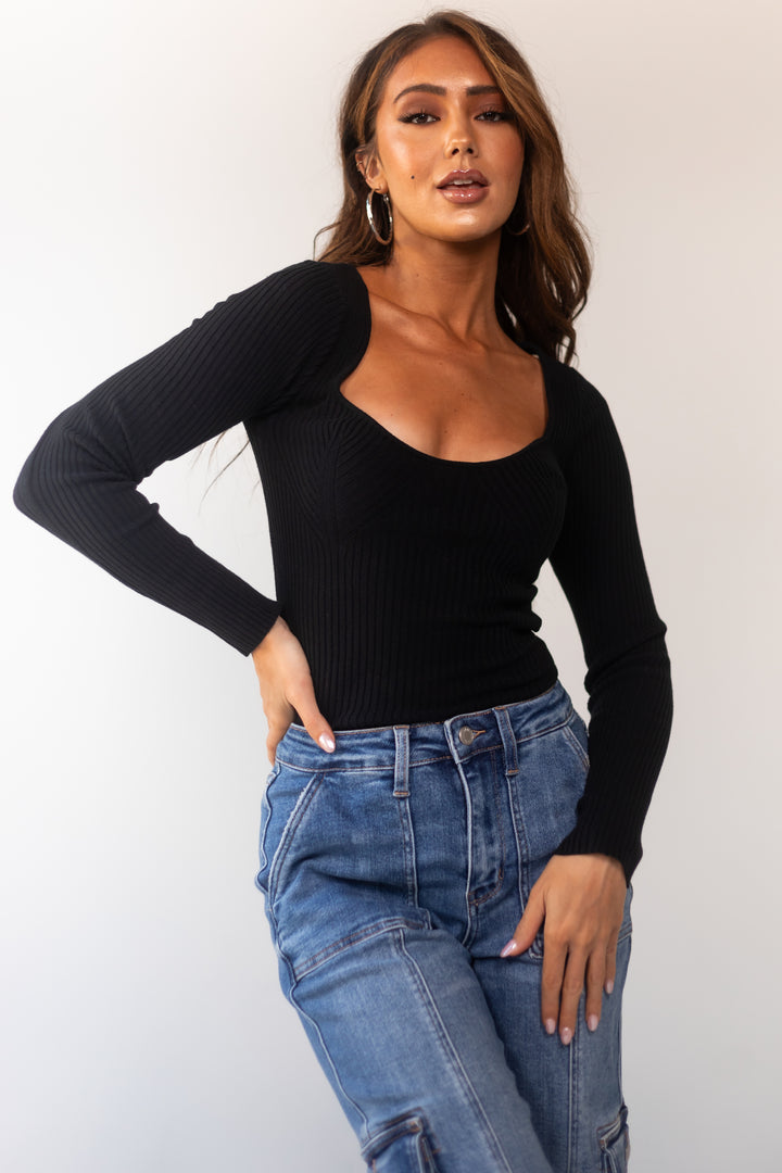 Black Long Sleeve Thick Ribbed Knit Fitted Top