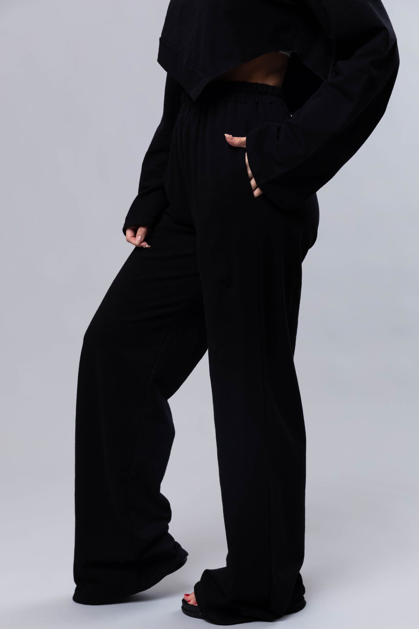 Black Long Sleeve Top and Wide Leg Pants Set