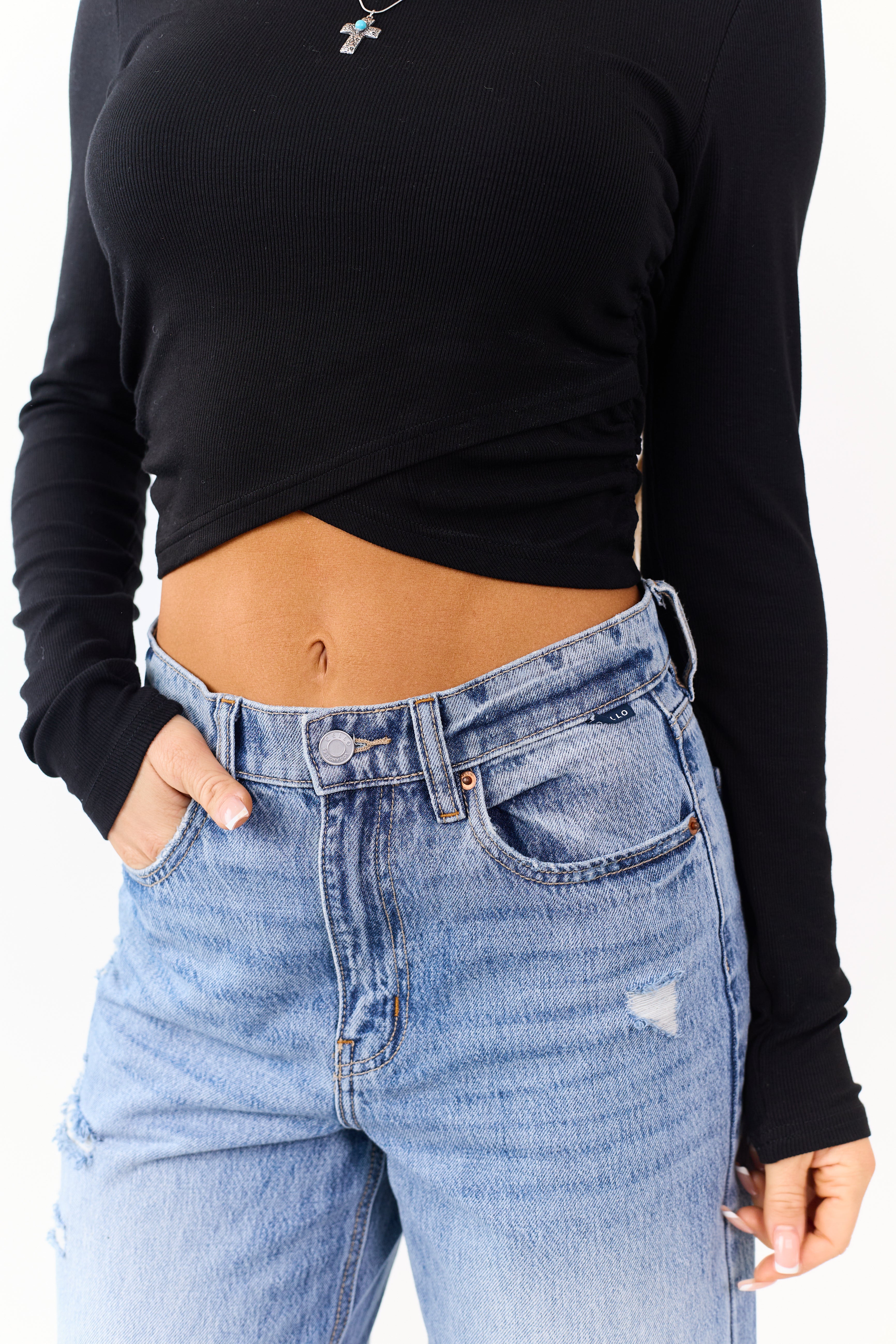 Black Long Sleeve Tulip Hem Ribbed Knit Top