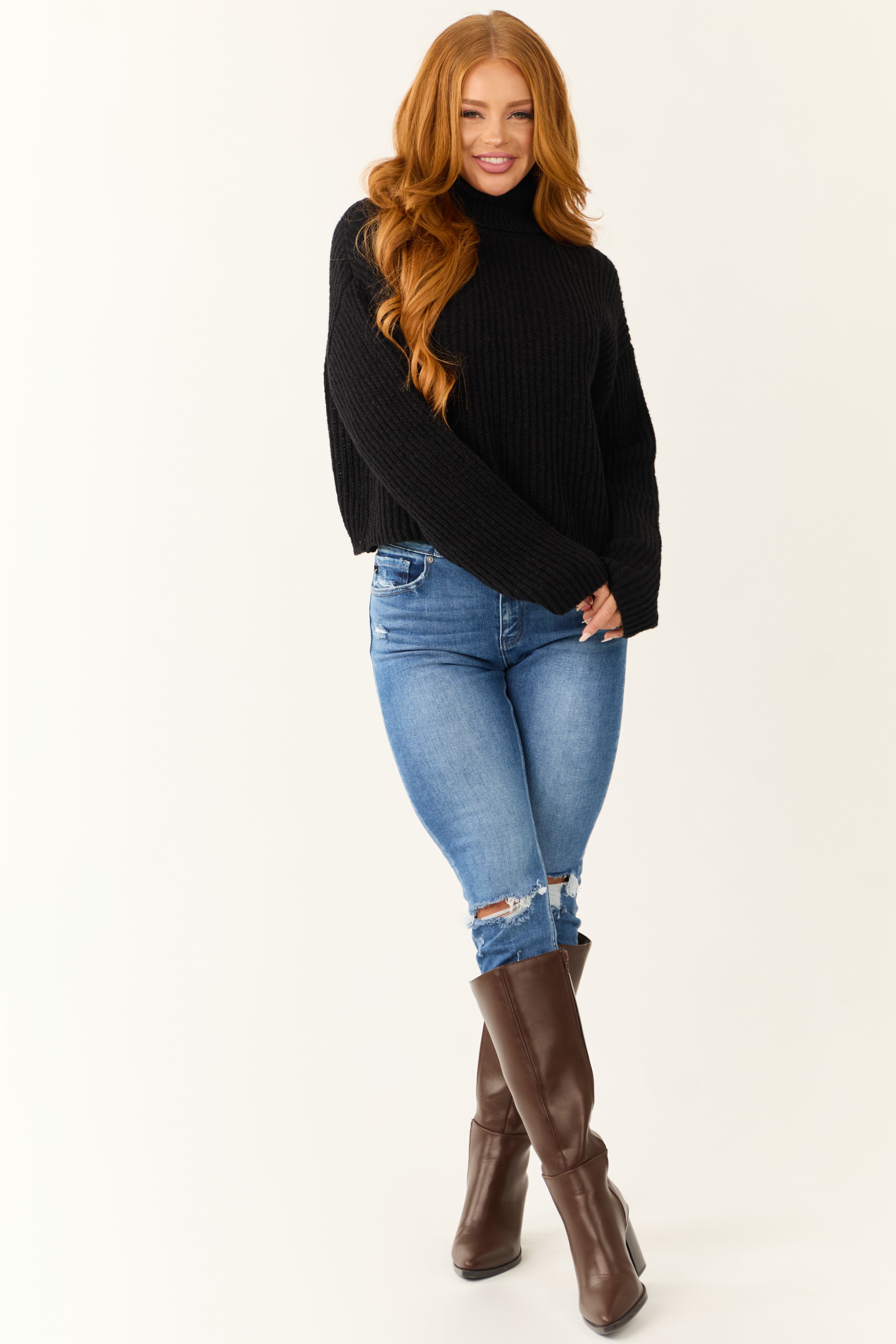 Black Long Sleeve Turtleneck Chunky Sweater | Lime Lush Boutique
