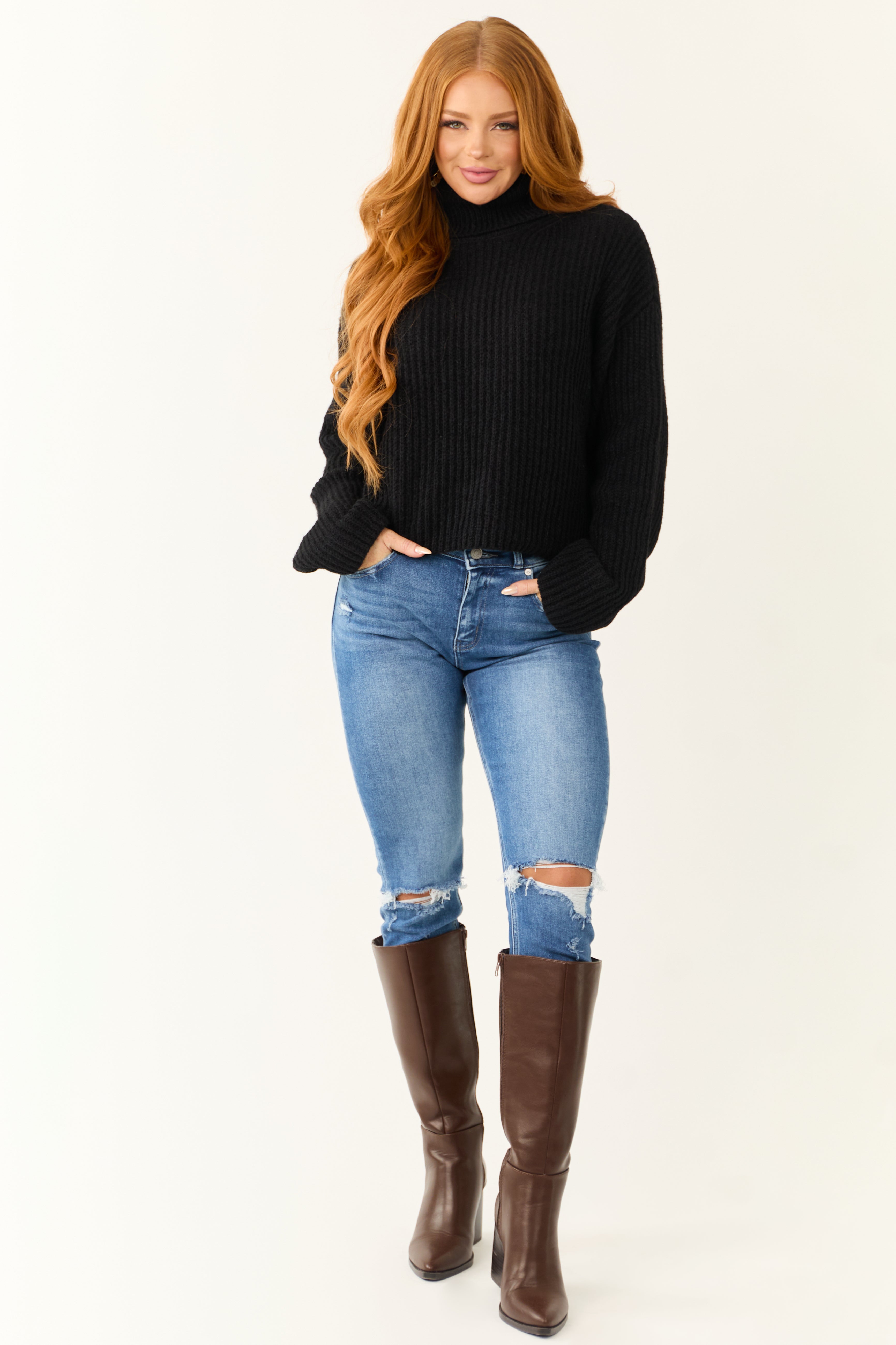 Black Long Sleeve Turtleneck Chunky Sweater | Lime Lush Boutique