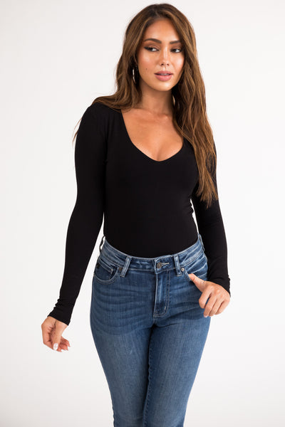 Black Long Sleeve V Neck Solid Bodysuit