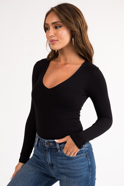 Black Long Sleeve V Neck Solid Bodysuit