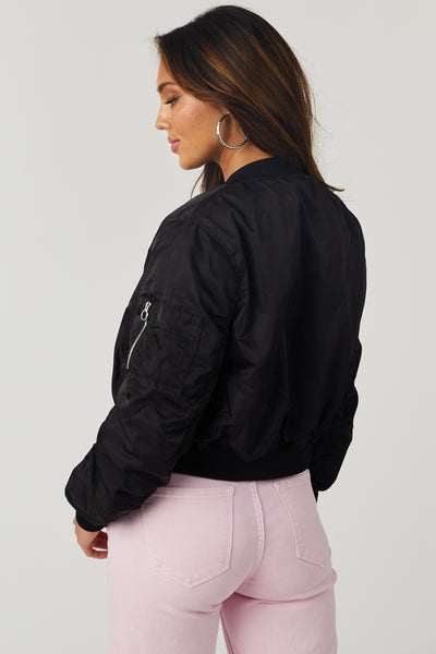 Black Long Sleeve Zip Up Cropped Bomber Jacket