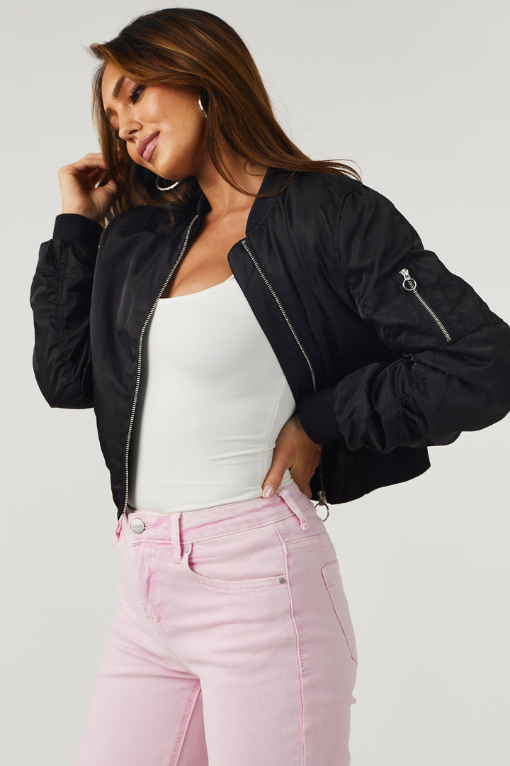 Black Long Sleeve Zip Up Cropped Bomber Jacket
