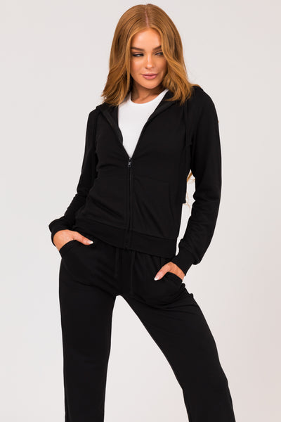 Black Long Sleeve Zip Up Hoodie and Pants Set