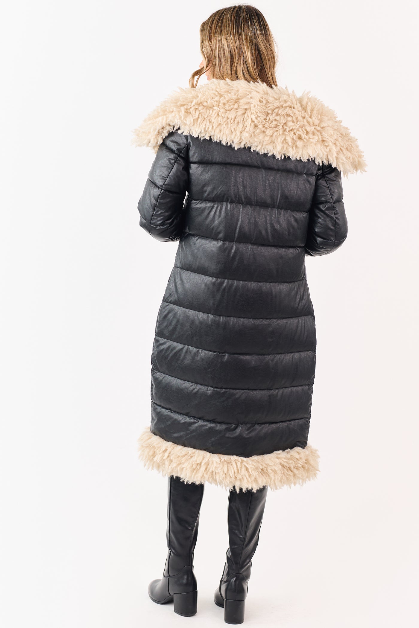 Black Longline Puffer Coat with Contrast Fur Trim