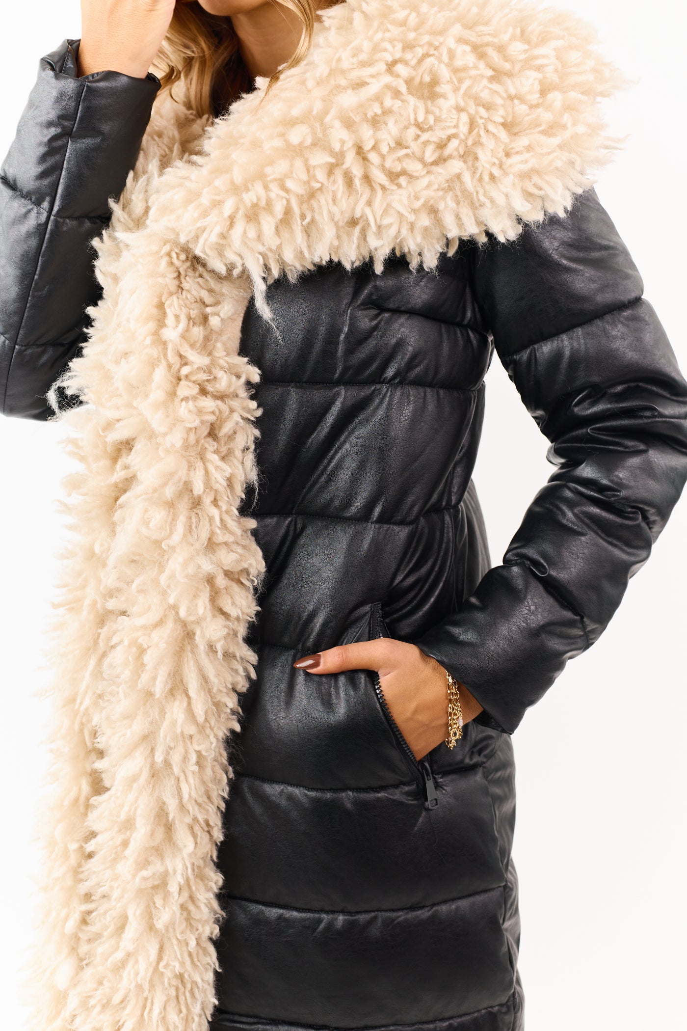 Black Longline Puffer Coat with Contrast Fur Trim