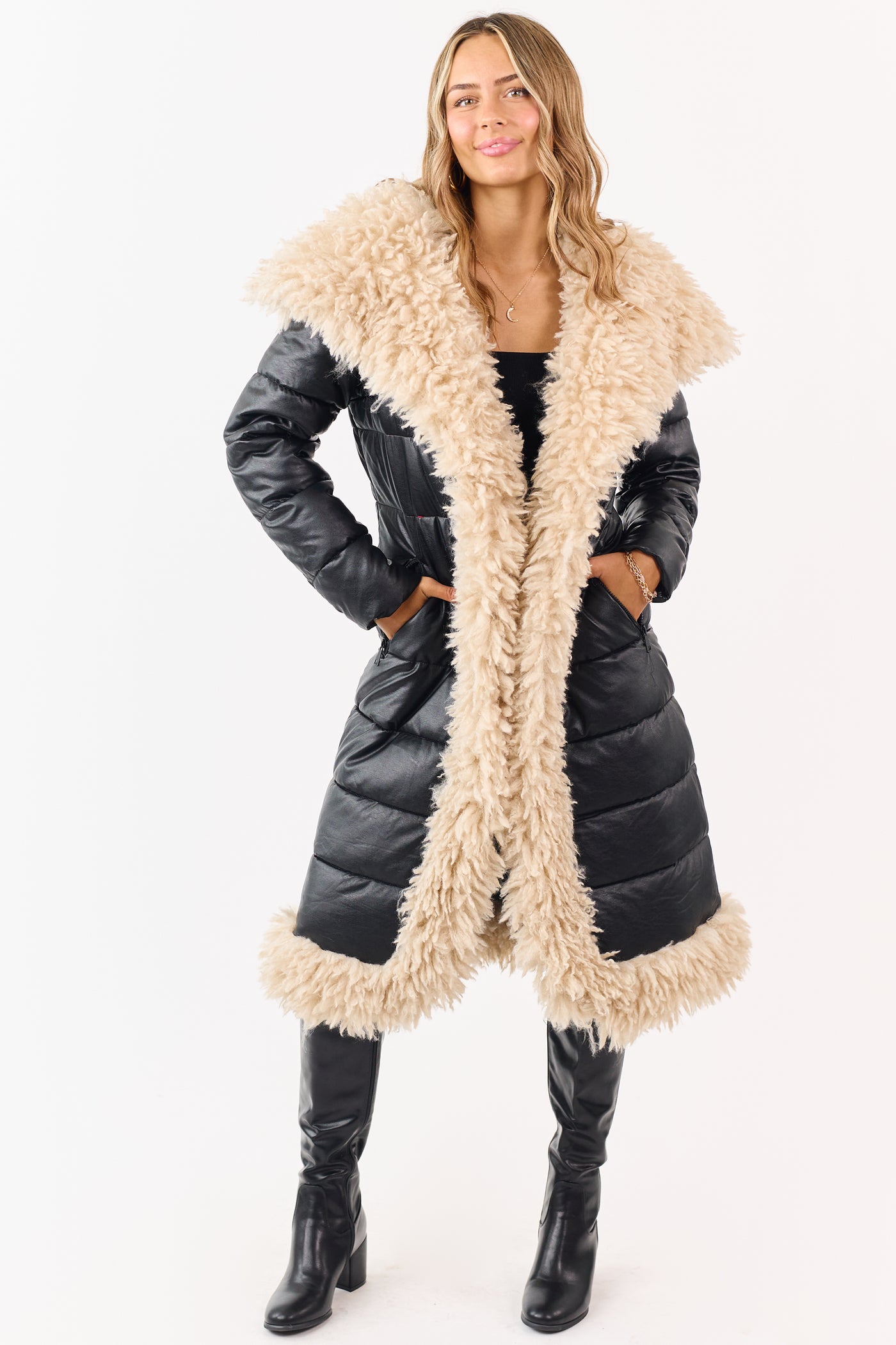 Black Longline Puffer Coat with Contrast Fur Trim