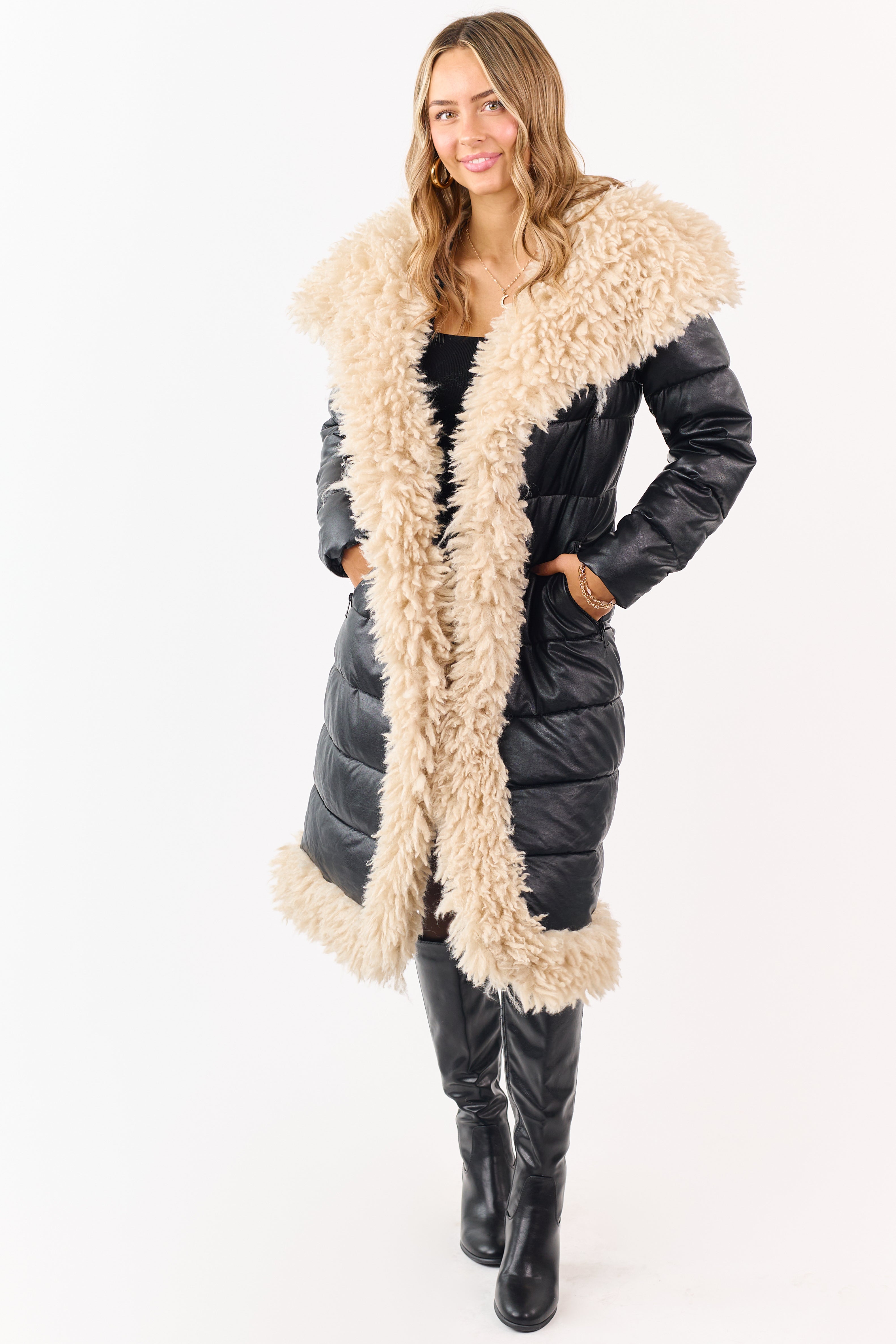 Black Longline Puffer Coat with Contrast Fur Trim