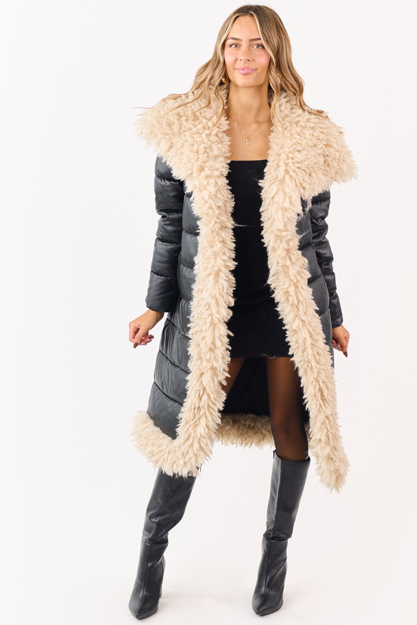 Black Longline Puffer Coat with Contrast Fur Trim