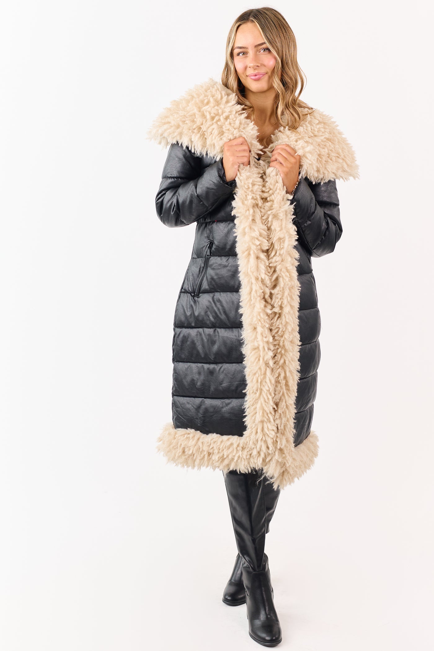 Black Longline Puffer Coat with Contrast Fur Trim
