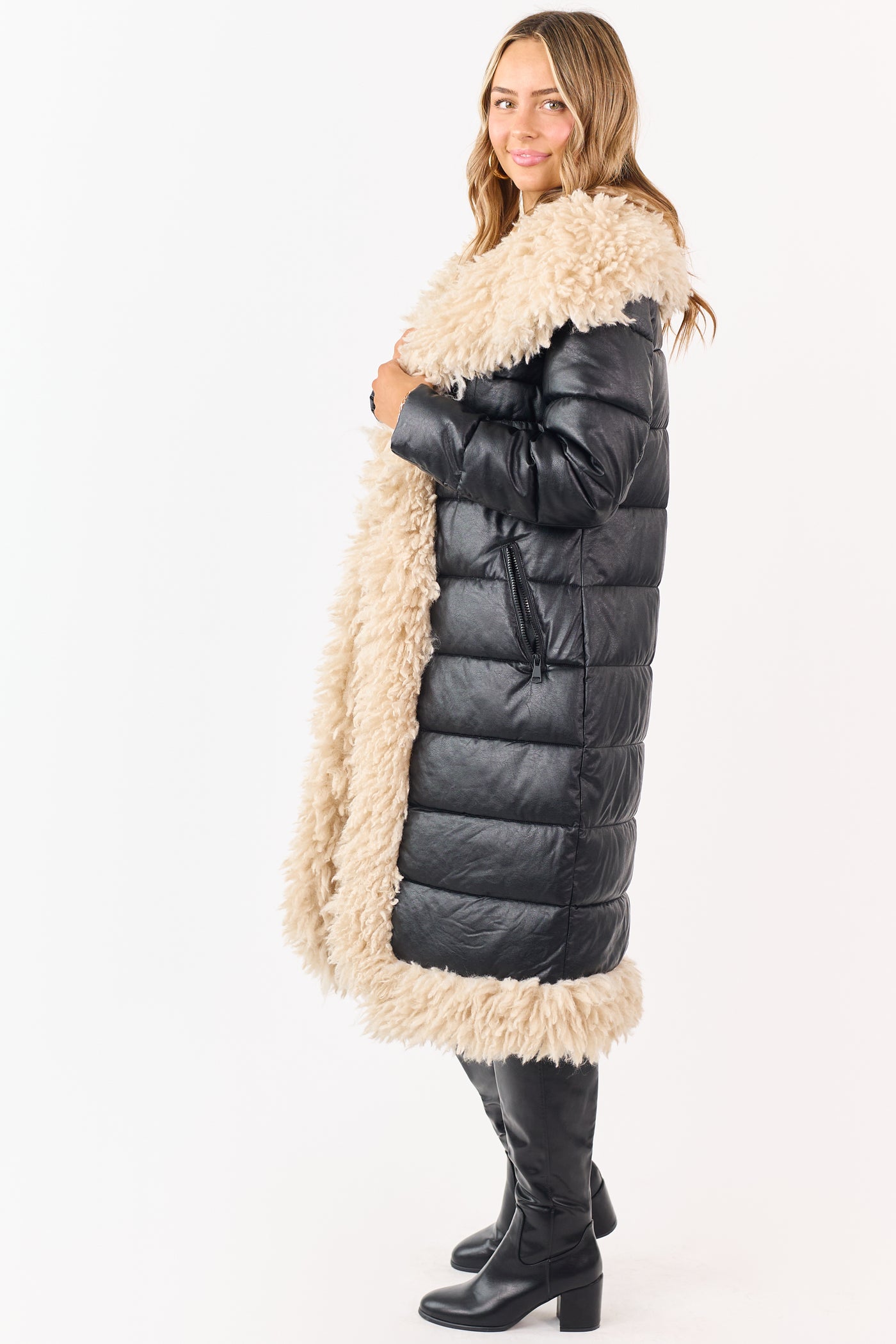 Black Longline Puffer Coat with Contrast Fur Trim