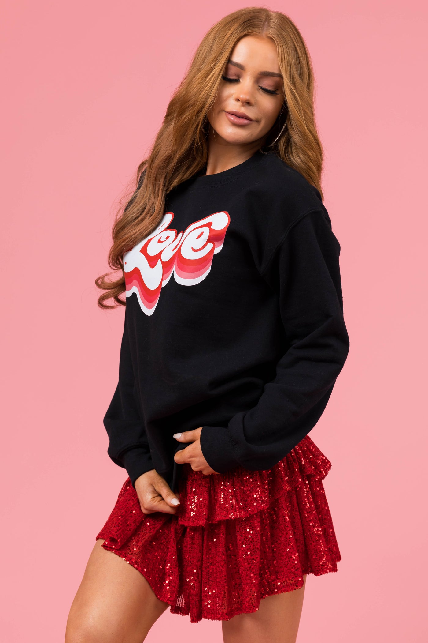 Black 'Love' Long Sleeve Knit Sweatshirt | Lime Lush Boutique