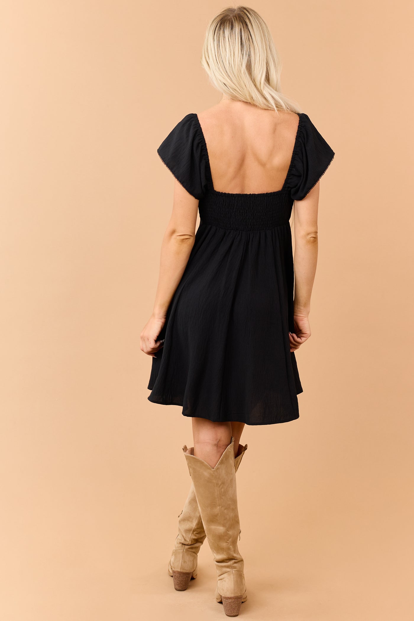 Black Low Back Flutter Sleeve Mini Dress