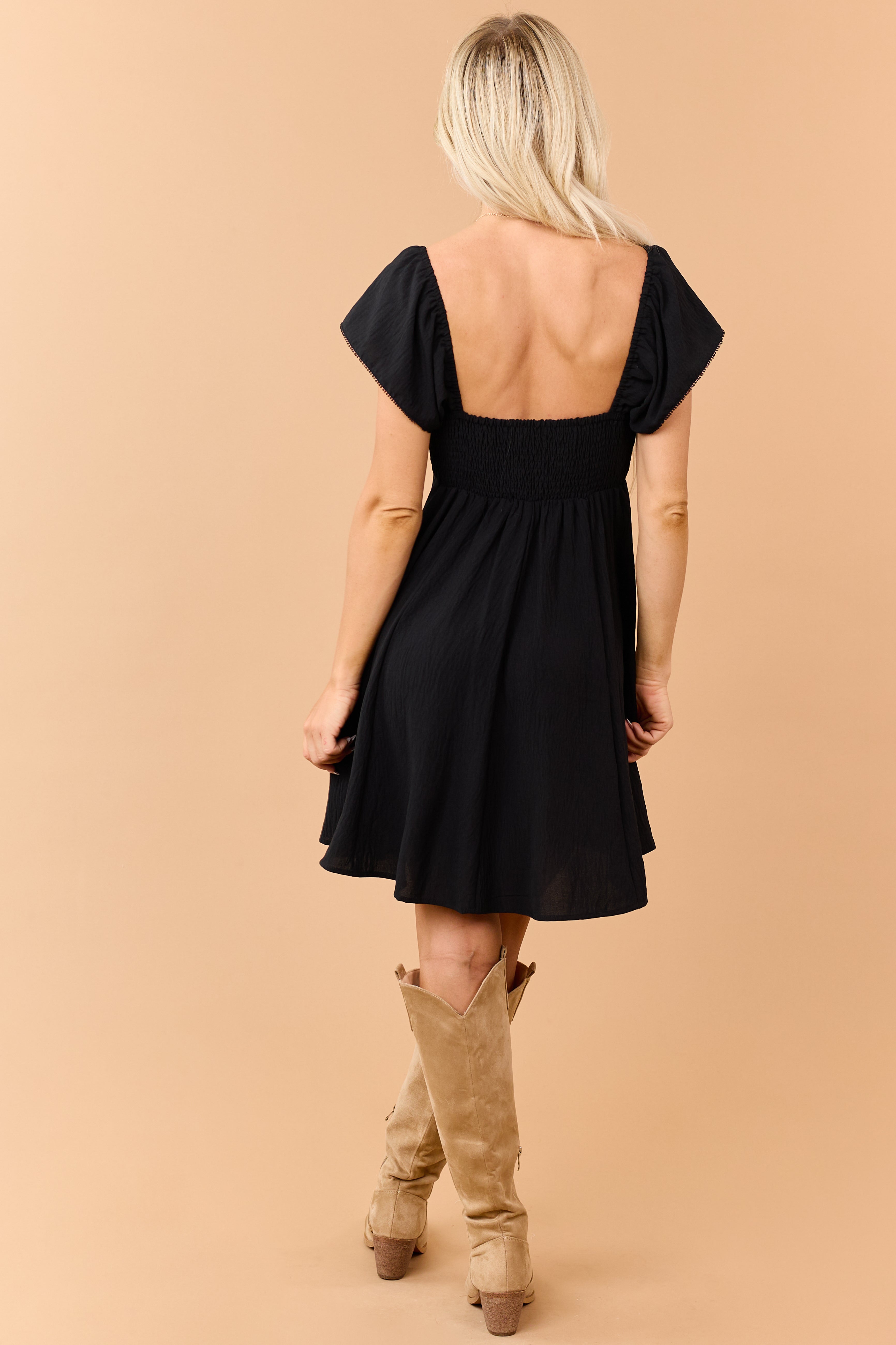 Black Low Back Flutter Sleeve Mini Dress