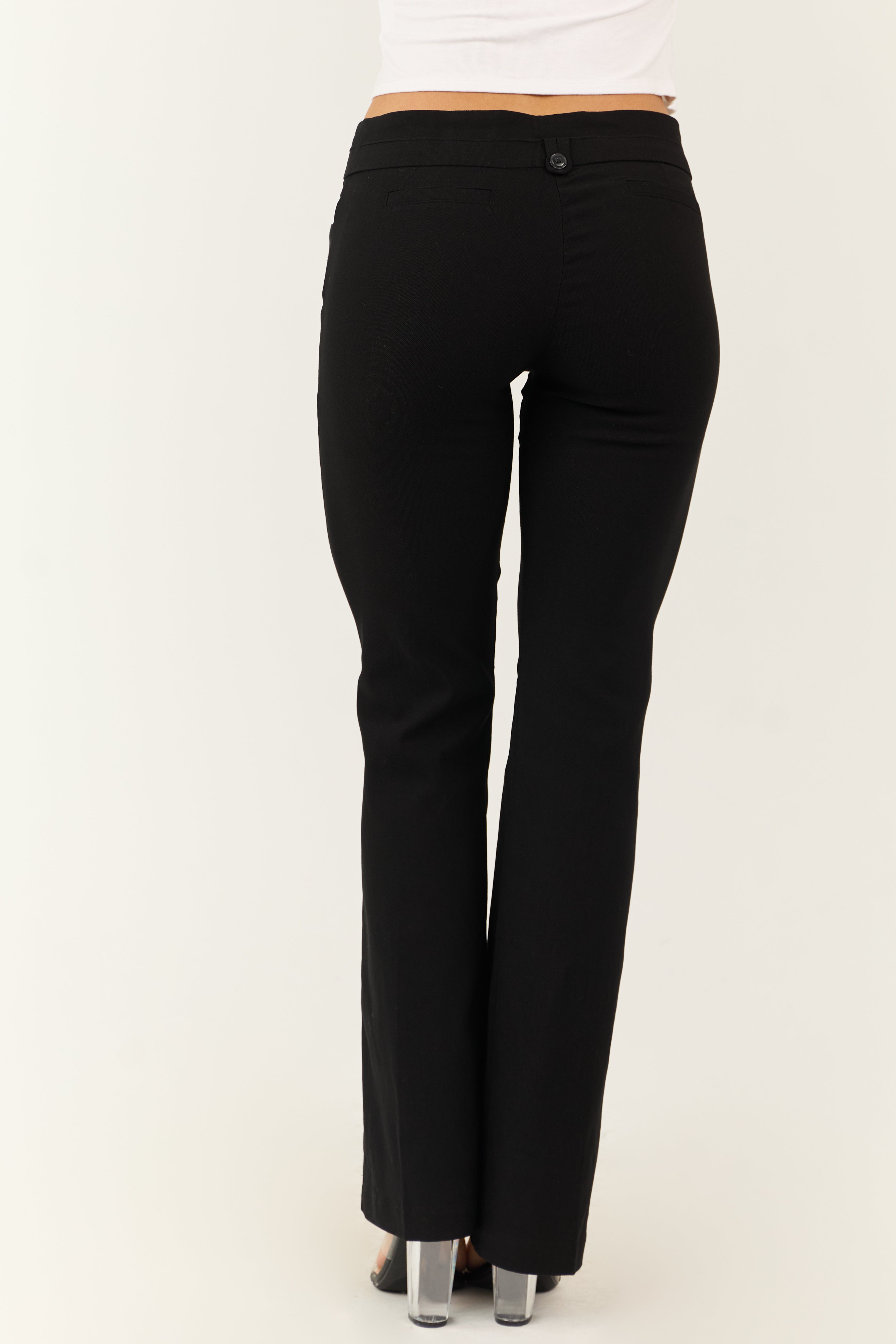 Black Low Rise Slim Flare Double Button Pants | Lime Lush