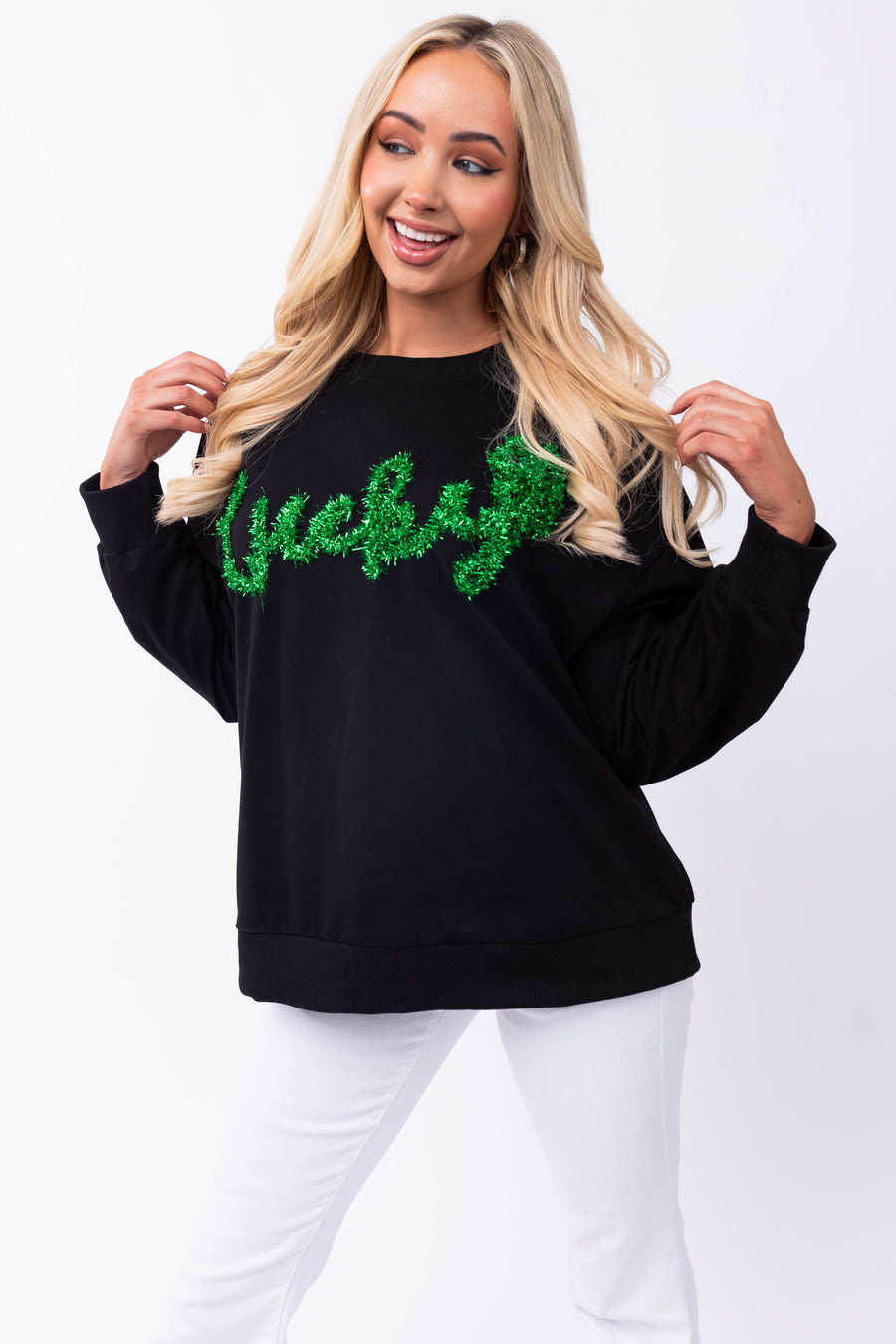 Black 'Lucky' Tinsel Lettering Pullover Top