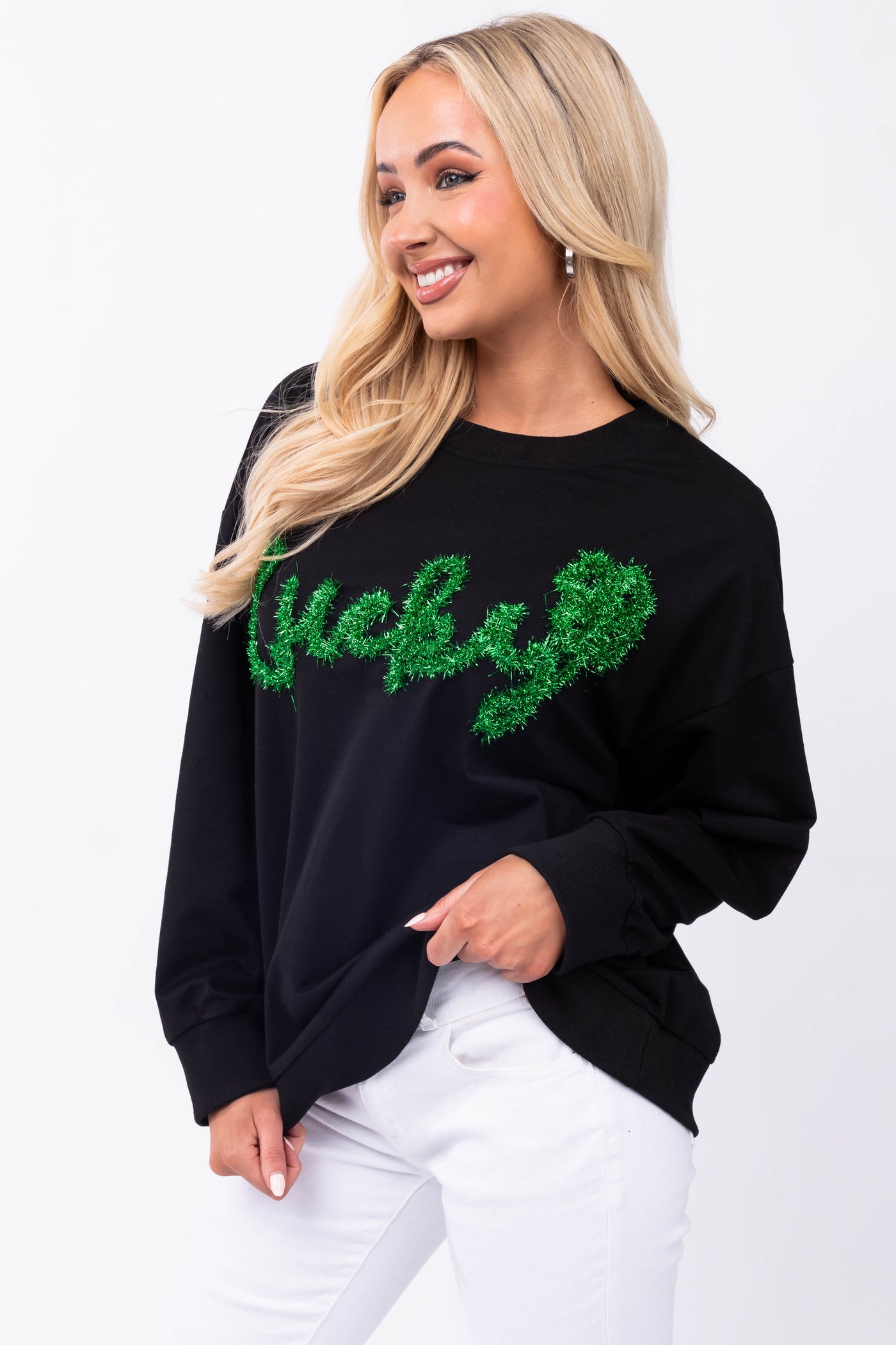 Black 'Lucky' Tinsel Lettering Pullover Top