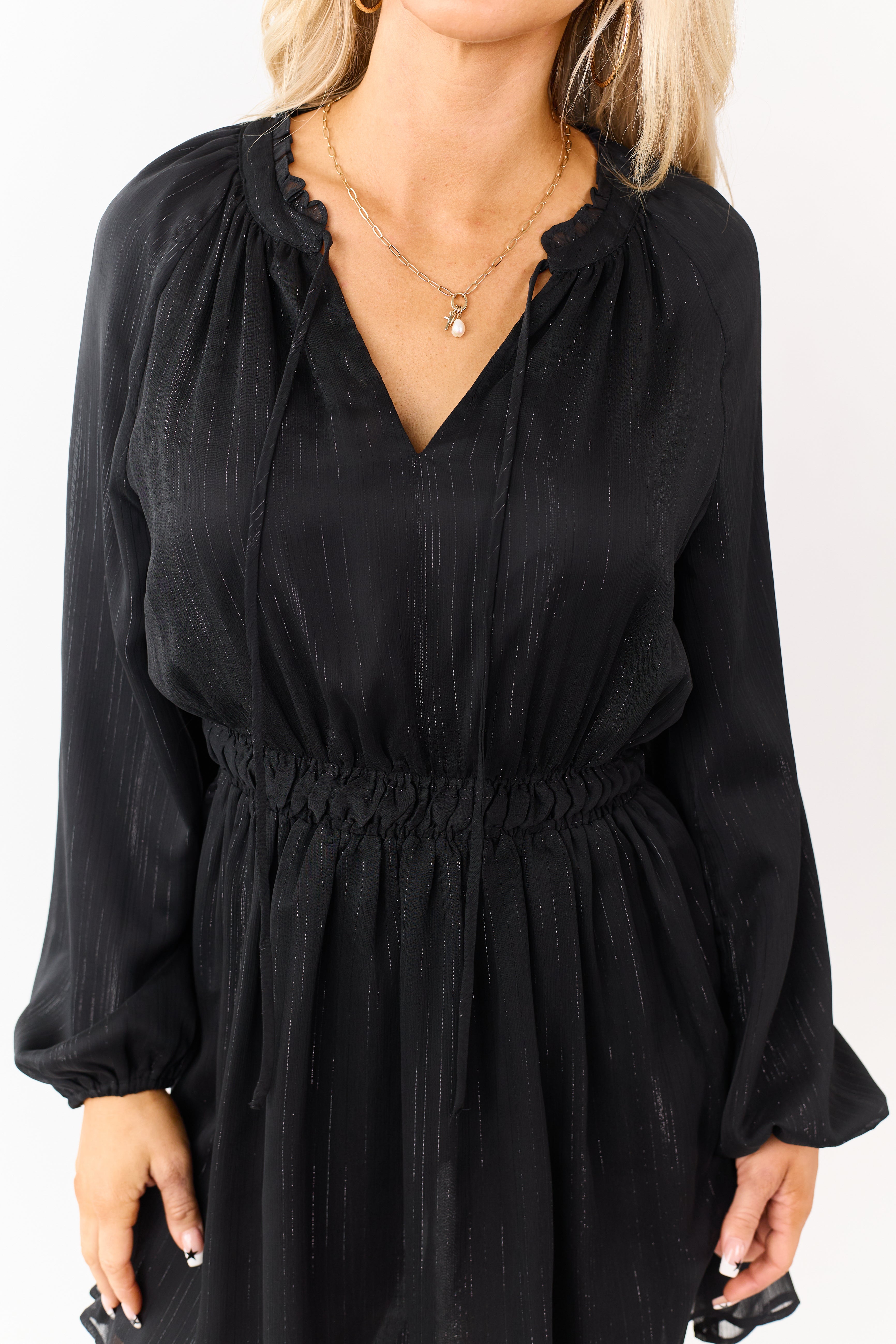Black Lurex Chiffon Flowy Long Sleeve Mini Dress
