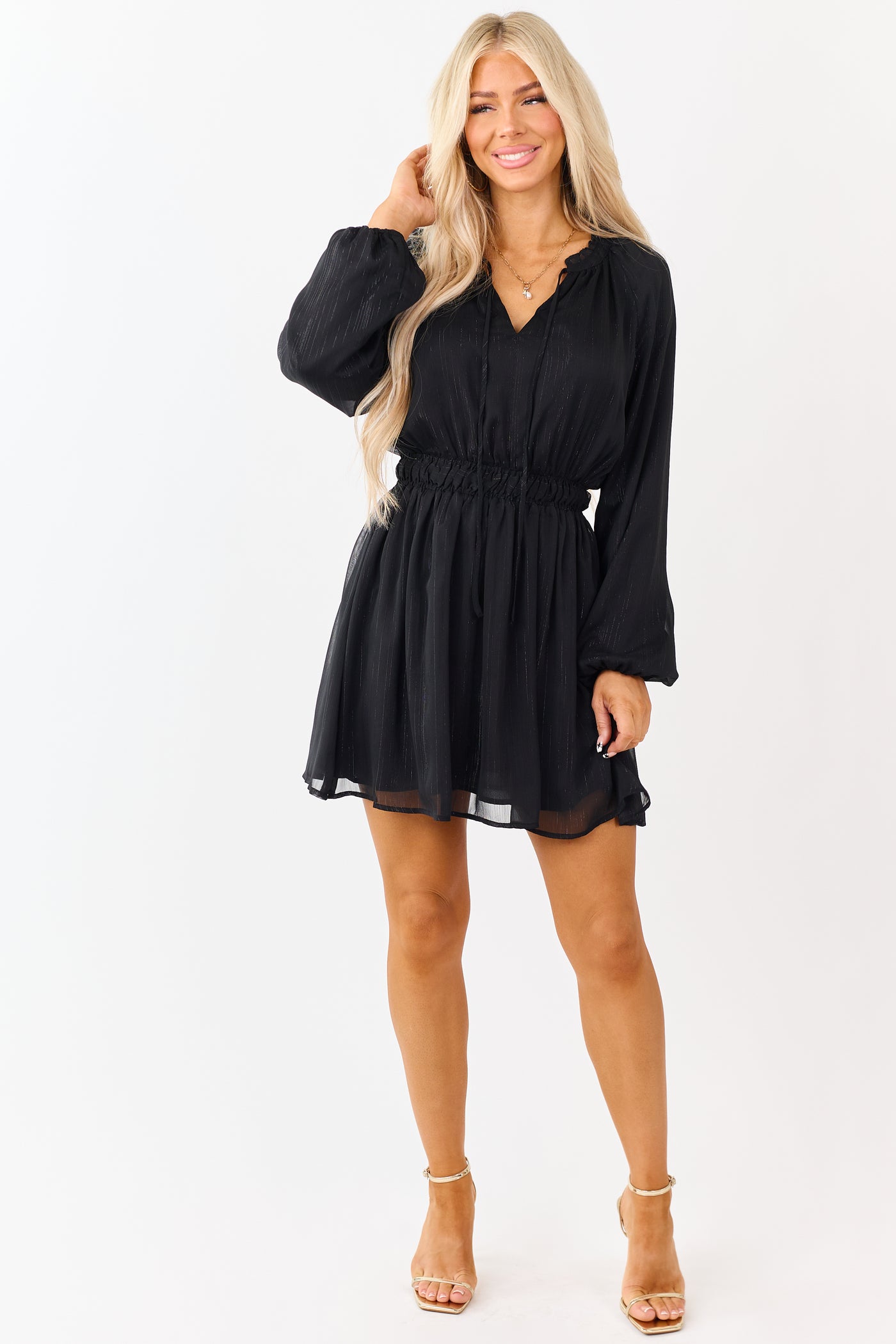 Black Lurex Chiffon Flowy Long Sleeve Mini Dress