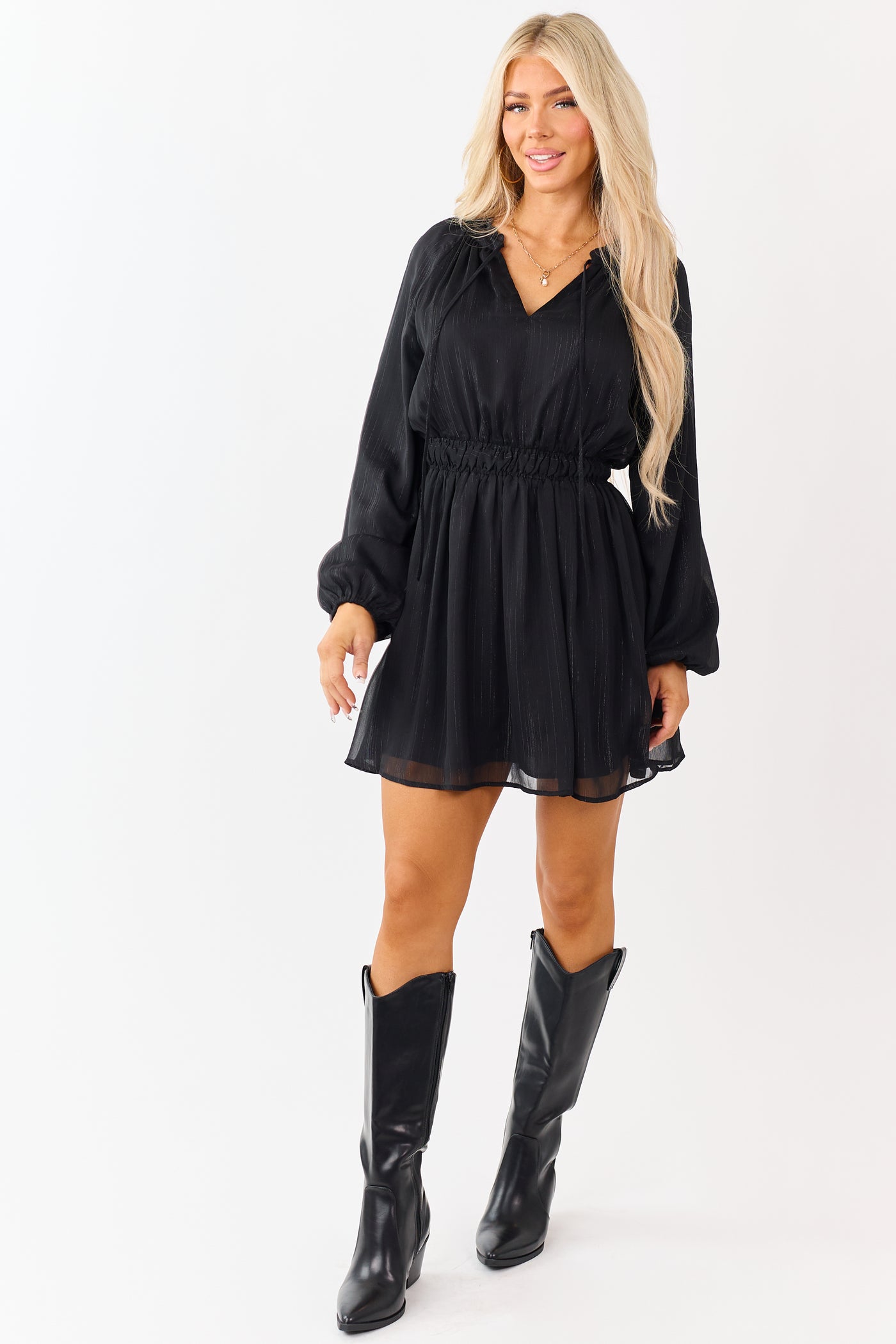 Black Lurex Chiffon Flowy Long Sleeve Mini Dress